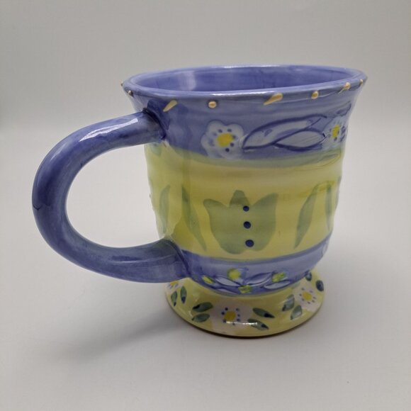 Les Fleurs Coffee Mug Cup Hand Painted Floral Yellow Blue 20 Oz - Picture 5 of 10